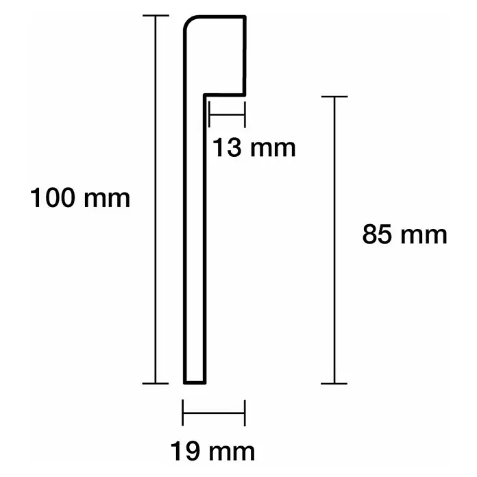 Sockelleiste - 240 cm x 19 mm x 100 mm, MDF, Weiß, Foliert - Abbildung eines Profils mit den Maßen 100 mm Höhe, 19 mm Breite und einem 13 mm Absatz, eine technische Zeichnung für Design oder Konstruktion.