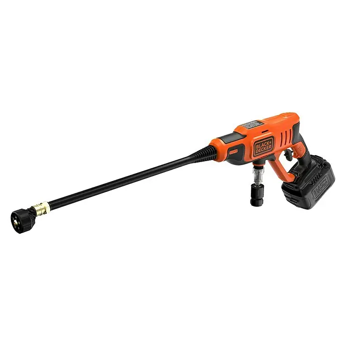 Black+Decker Akku-Druckreiniger BCPC18B - 18 V, Ohne Akku, 120 l/h - Bild einer Black+Decker Akku-Reinigungsbürste in Orange und Schwarz, ideal für Reinigungsarbeiten im Freien.