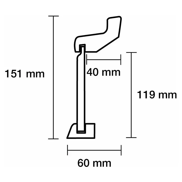 Abdeckleiste - 240 cm x 60 mm x 151 mm - Detaillierte Zeichnung einer Halterung mit Maßangaben. Die Abmessungen sind 151 mm Höhe und 60 mm Breite.