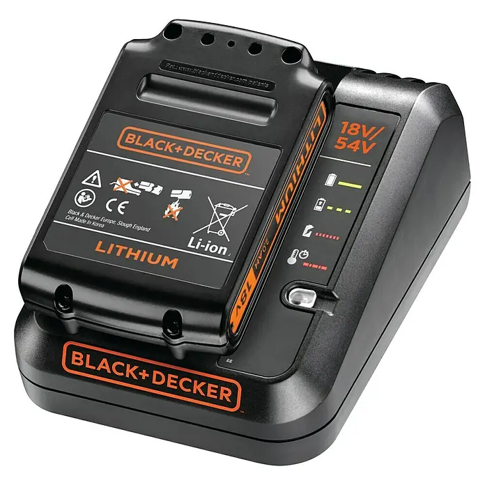 Black+Decker Akku & Ladegerät BDC2A20-QW - 18 V, 1 Akku, 2 Ah - Nahaufnahme eines Black+Decker 18V/54V Lithium-Ionen-Akkus mit Ladegerät, ideal für Werkzeuge und Heimwerkerprojekte.