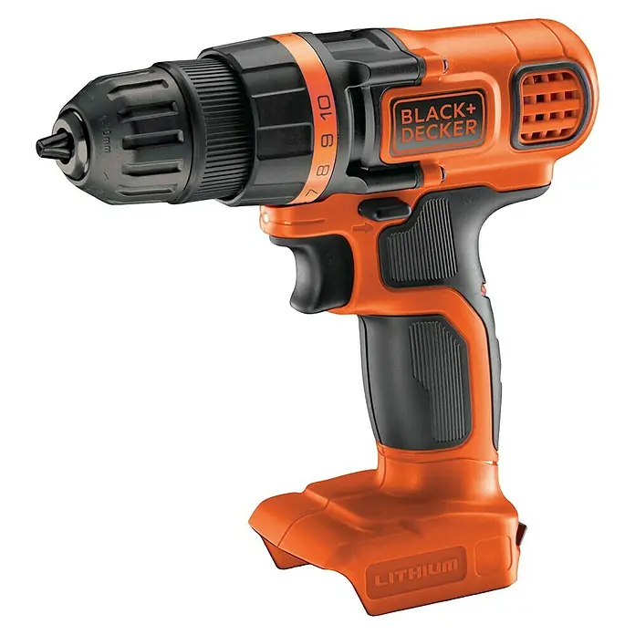 Black+Decker Akku-Bohrschrauber BDCDD18N-XJ - 18 V, Ohne Akku - Abbildung eines Akku-Bohrschraubers von Black+Decker in Orange und Schwarz mit Lithium-Ionen-Akku und verstellbarem Drehmoment.