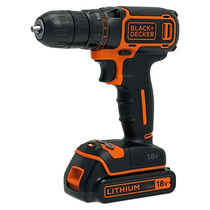 Black+Decker Akku-Bohrschrauber BDCDC18K-QW18 V, 1 Akku, 30 Nm - Eine Nahaufnahme eines Akku-Bohrschraubers der Marke Black+Decker, der für Heimwerkerarbeiten und professionelle Projekte geeignet ist.