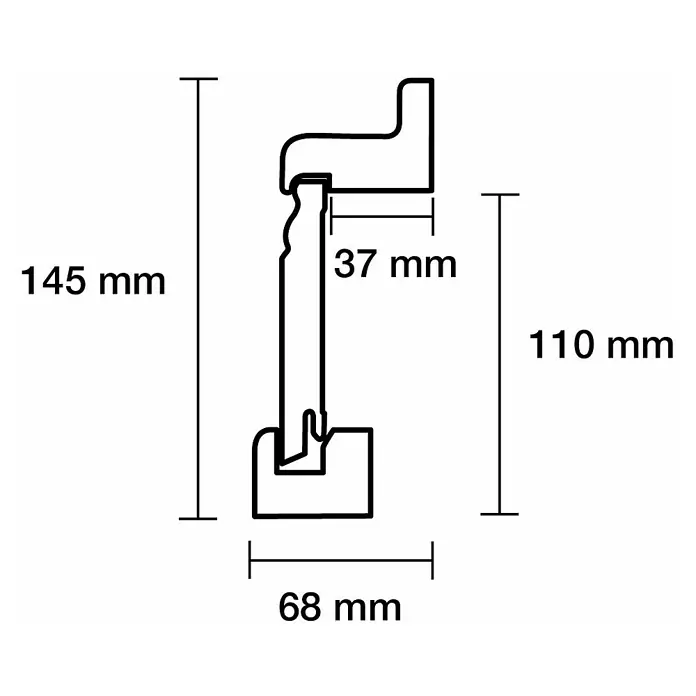 Abdeckleiste - 240 cm x 68 mm x 145 mm - Profilschnittzeichnung mit den Maßen 145 mm Höhe, 68 mm Breite und Details von 37 mm und 110 mm für präzise technische Spezifikationen.
