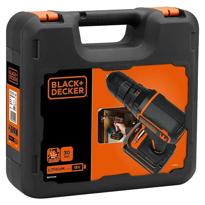 Black+Decker Akku-Bohrschrauber BDCDC18K-QW18 V, 1 Akku, 30 Nm - Bild eines Black+Decker BDCDC18K Akku-Bohrschraubers im Koffer. Der Bohrer ist schwarz und orange und hat einen 18V Lithium-Ionen-Akku.