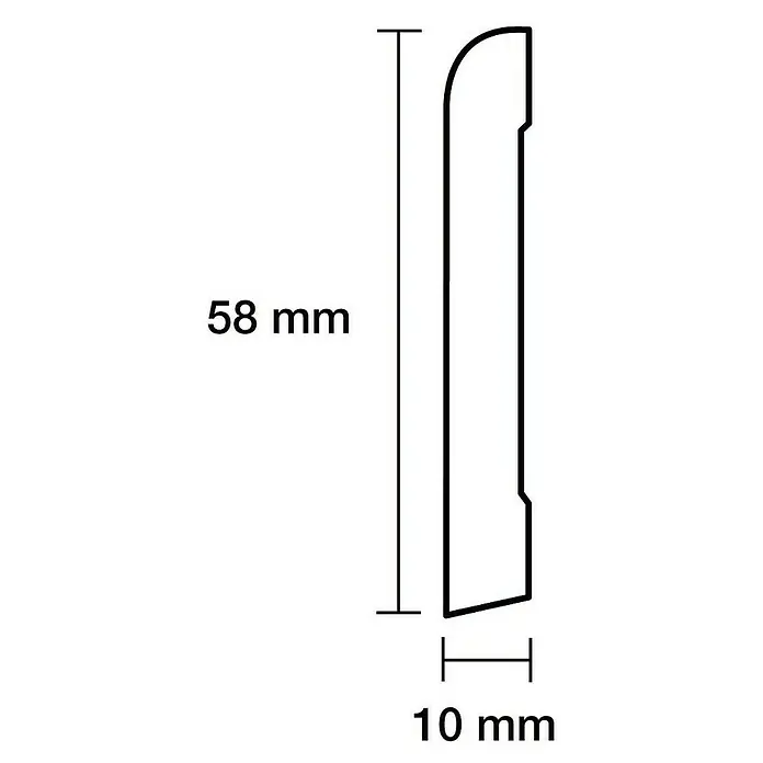 Sockelleiste - 244 x 1 x 5,8 cm, MDF - Darstellung einer 58mm hohen und 10mm breiten Sockelleiste mit abgerundeter Oberseite und abgeschrägter Unterseite.