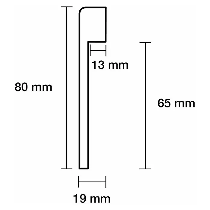 Sockelleiste - 240 cm x 19 mm x 80 mm, MDF, Weiß, Lackiert - Abbildung eines Profils mit den Maßen 80 mm Höhe, 19 mm Breite unten und einem 13 mm breiten Vorsprung oben für präzise Anwendungen.
