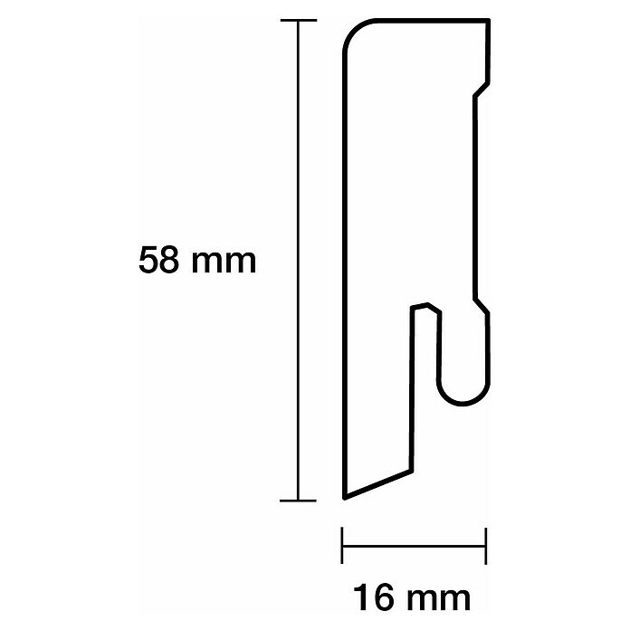 SockelleisteWeiß, 2,4 m x 16 mm x 58 mm, Gerundet, MDF Sketch