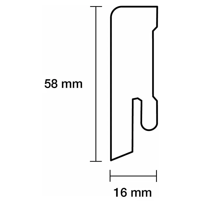Sockelleiste - 240 x 1,6 x 5,8 cm, MDF, Weiß - Profilansicht einer schwarzen Leiste mit den Maßen 58 x 16 mm, ideal für den Innenausbau oder Möbelbau.