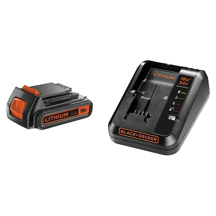 Black+Decker Akku & Ladegerät BDC2A20-QW - 18 V, 1 Akku, 2 Ah - Das Bild zeigt einen BLACK+DECKER Lithium-Ionen-Akku mit 2,0 Ah und 18 V zusammen mit dem zugehörigen Ladegerät.