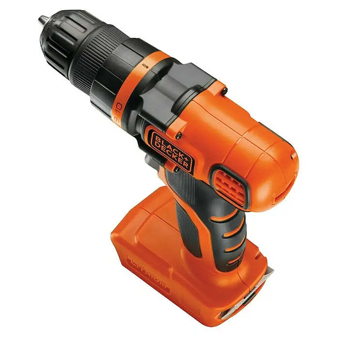 Black+Decker Akku-Bohrschrauber BDCDD18N-XJ - 18 V, Ohne Akku - Nahaufnahme eines Black+Decker Akku-Bohrschraubers in Orange und Schwarz, ideal für Heimwerkerprojekte.