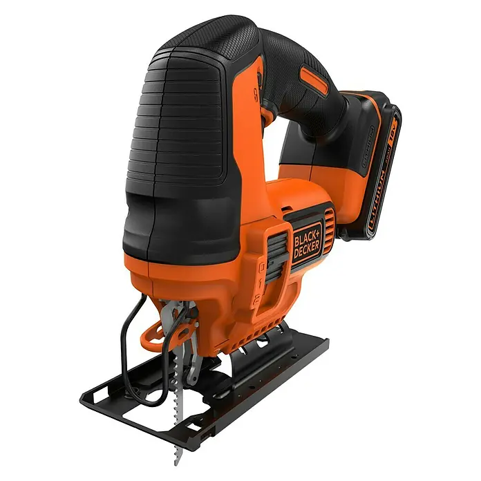 Black+Decker Pendelhubstichsäge BDCJS18-QW18 V, 1 Akku, 2 Ah, 0 /min - 2.500 /min - Bild einer Black+Decker Akku-Stichsäge mit einer orangefarbenen Basis und einem schwarzen Griff. Das Gerät ist mit einem Akku ausgestattet.