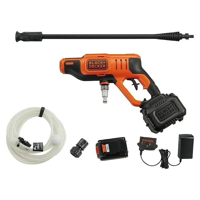 Black+Decker Akku-Druckreiniger BCPC18B - 18 V, 1 Akku, 2 Ah, 120 l/h - Ein Black+Decker Akku-Druckreiniger-Set mit Zubehör, inklusive Düse, Schlauch, Batterie und Ladegerät, ist abgebildet.