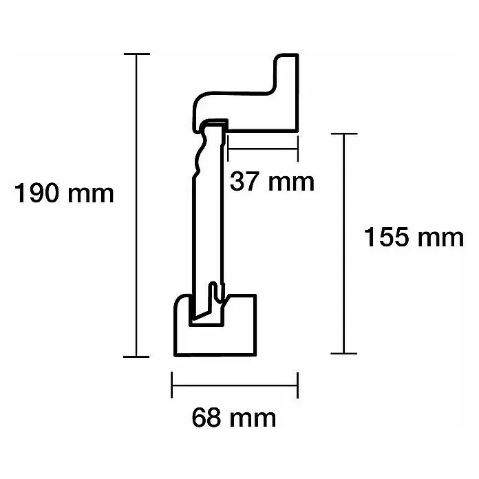 Abdeckleiste - 240 cm x 68 mm x 190 mm - Profilquerschnitt mit Maßen: 190 mm Höhe, 68 mm Breite, 155 mm Innenhöhe und 37 mm Innenbreite.