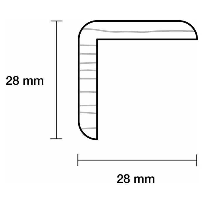 Winkelleiste - 240 cm x 28 mm x 28 mm, Fichte - Abbildung eines Eckprofils aus Holz mit den Maßen 28 mm x 28 mm, das für dekorative Zwecke oder zum Schutz von Kanten verwendet werden kann.