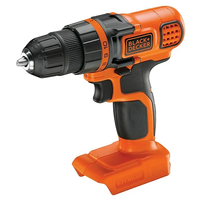 Black+Decker Akku-Bohrschrauber BDCDD18N-XJ - 18 V, Ohne Akku - Black+Decker Akku-Bohrschrauber mit orangefarbenem und schwarzem Gehäuse, ideal für Heimwerkerprojekte.