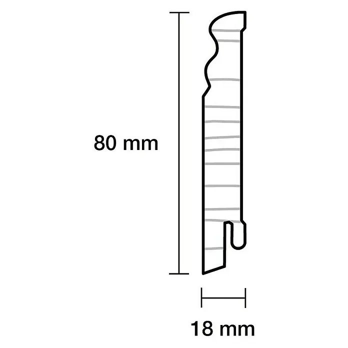 Sockelleiste Massiv - 240 x 1,8 x 8 cm, Kiefer, Profiliert, Lackiert - Profilleiste mit den Maßen 80 mm Höhe und 18 mm Breite. Das Profil hat eine dekorative Formgebung und feine, horizontale Linien.