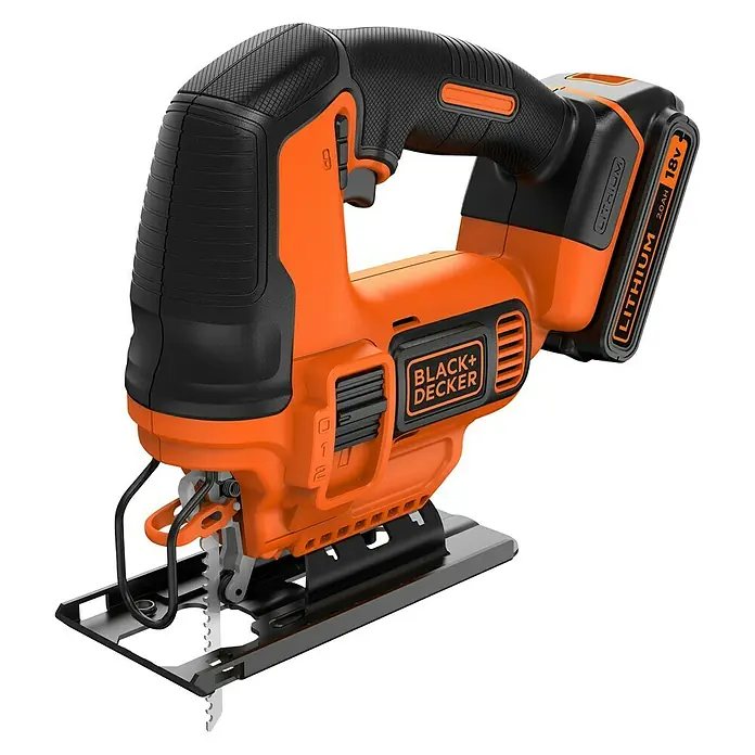 Black+Decker Pendelhubstichsäge BDCJS18-QW18 V, 1 Akku, 2 Ah, 0 /min - 2.500 /min - Eine Black+Decker Akku-Stichsäge in Orange und Schwarz, ideal für präzise Holzarbeiten und DIY-Projekte mit kabelloser Freiheit.