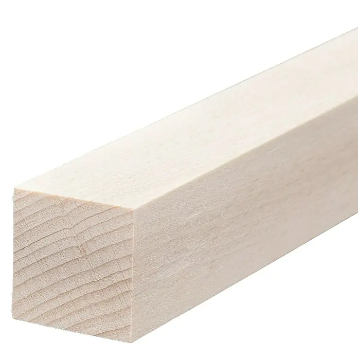 Quadratleiste - 100 cm x 35 mm x 35 mm, Buche - Nahaufnahme eines hellen, quadratischen Holzstabs, der die natürliche Maserung des Holzes und die sauberen Kanten betont. Ideal für Modellbau oder Bastelarbeiten.