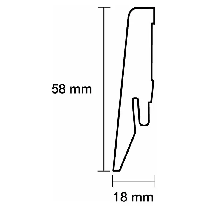 Sockelleiste - 240 cm x 18 mm x 58 mm, MDF, Weiß - Darstellung des Profils einer Sockelleiste mit den Maßen 58 mm Höhe und 18 mm Breite, ideal für Bodenabschlüsse.