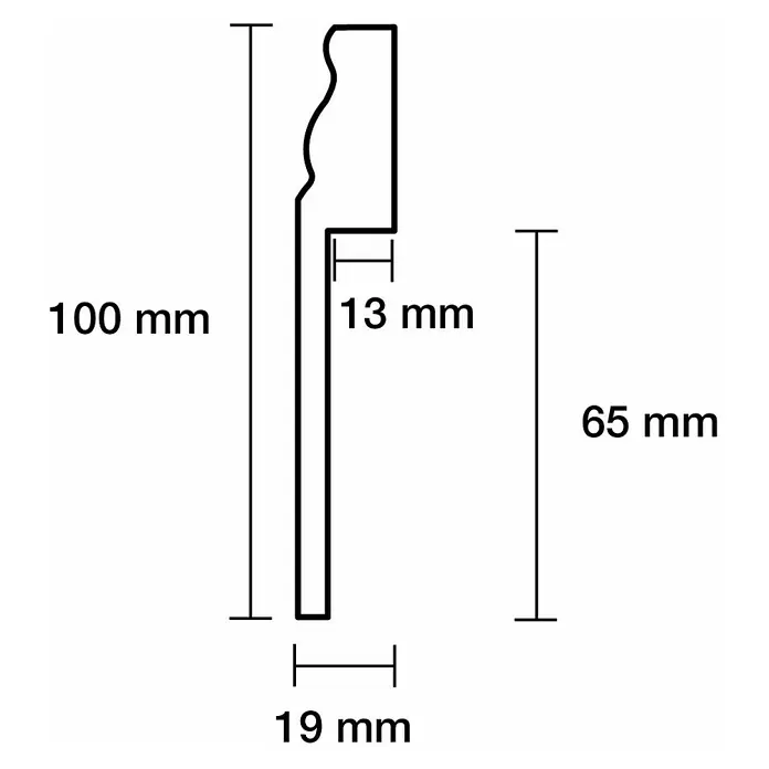 Sockelleiste - 240 cm x 19 mm x 100 mm, MDF, Weiß - Profilquerschnitt einer Zierleiste mit den Maßen 100 mm Höhe, 19 mm Breite und einem 13 mm Absatz, dargestellt in einer technischen Zeichnung.