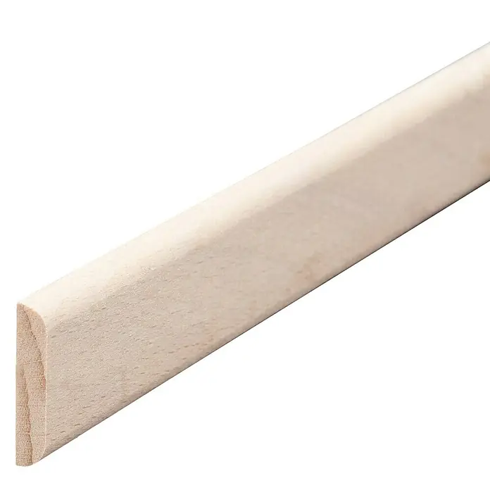 Abschlussleiste - 100 cm x 18 mm x 4 mm, Buche - Detailaufnahme einer hellen, unbehandelten Holzleiste mit abgerundeter Kante, ideal für Bau- oder Bastelprojekte.