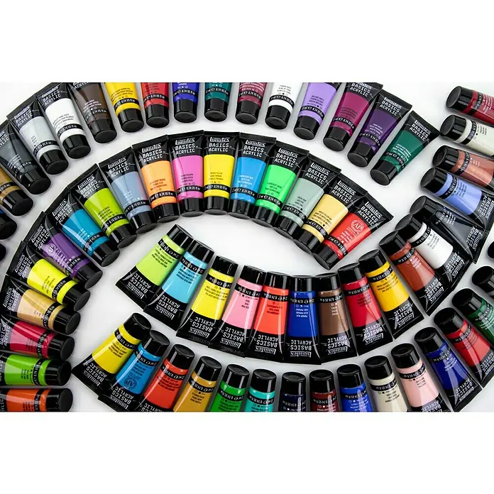 Liquitex Basics Acrylfarben-Set - Farbig sortiert, 72 Stk. x 22 ml, Tube - Eine Nahaufnahme von vielen Tuben Liquitex Basics Acrylfarben, die in einem kreisförmigen Muster auf einem weißen Hintergrund angeordnet sind.