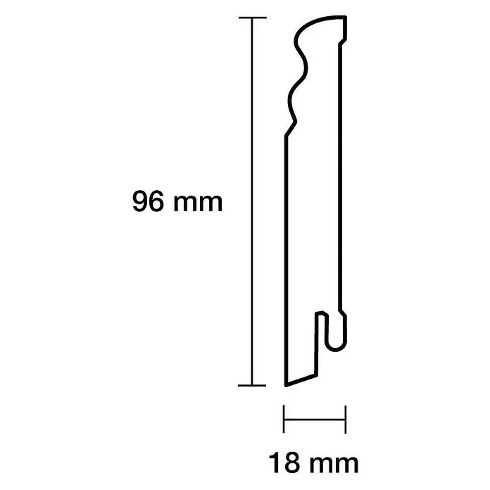 Sockelleiste - 244 x 1,8 x 9,6 cm, MDF, Beschichtet, Profiliert - Produktdarstellung mit den Maßen 96 mm Höhe und 18 mm Breite, ideal für detaillierte Designanalysen.