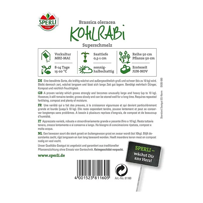 Sperli Gemüsesamen Kohlrabi - Superschmelz, Brassica oleracea, Erntezeit: Juni - SPERLI Kohlrabi 'Superschmelz' Saatgutpackung. Informationen zu Anbau, Ernte und Eigenschaften dieser bewährten, ertragreichen Sorte.