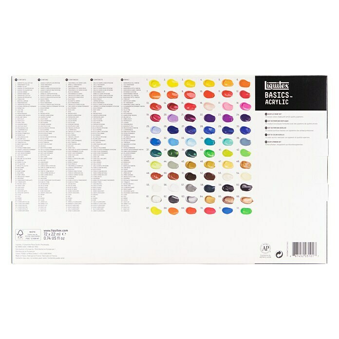 Liquitex Basics Acrylfarben-SetFarbig sortiert, 72 Stk. x 22 ml, Tube Back View