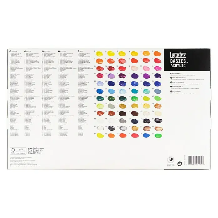 Liquitex Basics Acrylfarben-Set - Farbig sortiert, 72 Stk. x 22 ml, Tube - Produktansicht des Liquitex Basics Acrylic Farbkasten mit 72 Farben für Künstler, ideal zum Malen und Gestalten mit hochwertigen Pigmenten.