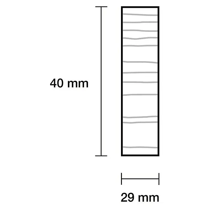 Rechteckleiste - 240 x 4 x 2,9 cm, Kiefer - Zeichnung eines rechteckigen Holzstücks mit den Maßen 40 mm Höhe und 29 mm Breite mit horizontalen Linien, die die Maserung darstellen.