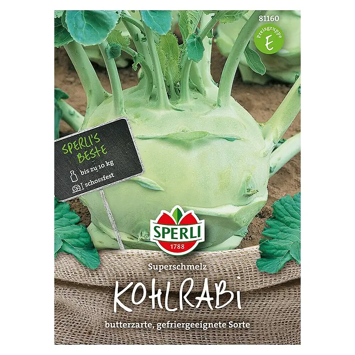 Sperli Gemüsesamen Kohlrabi - Superschmelz, Brassica oleracea, Erntezeit: Juni - Kohlrabi 'Superschmelz' Samenpackung von Sperli, eine buttezarte Sorte, die bis zu 10 kg schwer werden kann.