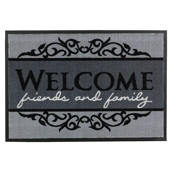 Astra Homelike Fußmatte Welcome friends and family - Schwarz/Grau, 40 x 60 cm, 100 % Polyamid - Eine rechteckige Fußmatte mit der Aufschrift "WELCOME friends and family" und floralen Verzierungen.