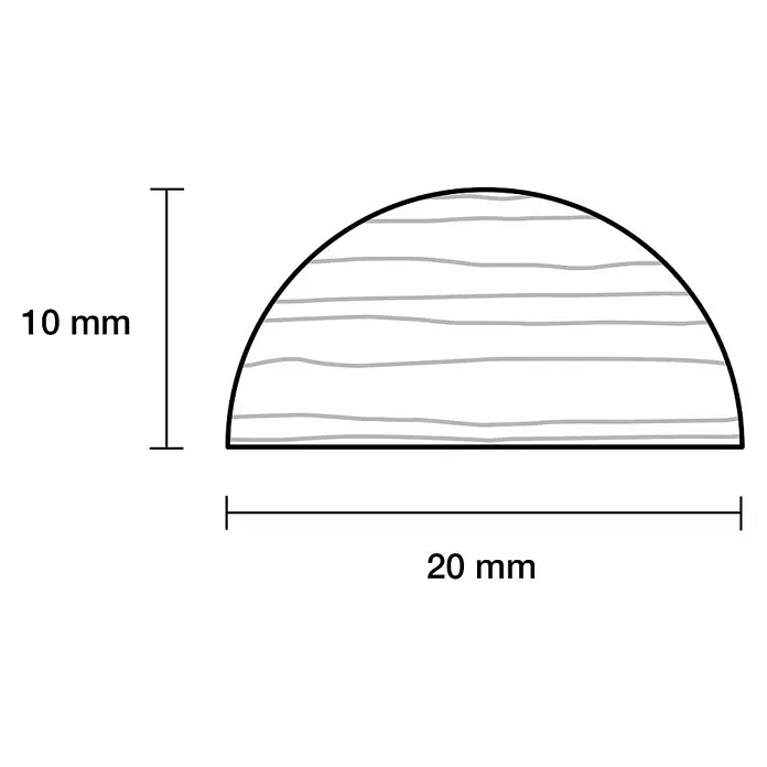 Halbrundstab - 240 x 2 x 1 cm, Kiefer - Halbkreisförmiges Holzstück mit Maserung, Abmessungen: 10 mm Höhe, 20 mm Breite. Ideal für Bastelprojekte und Modellbau.