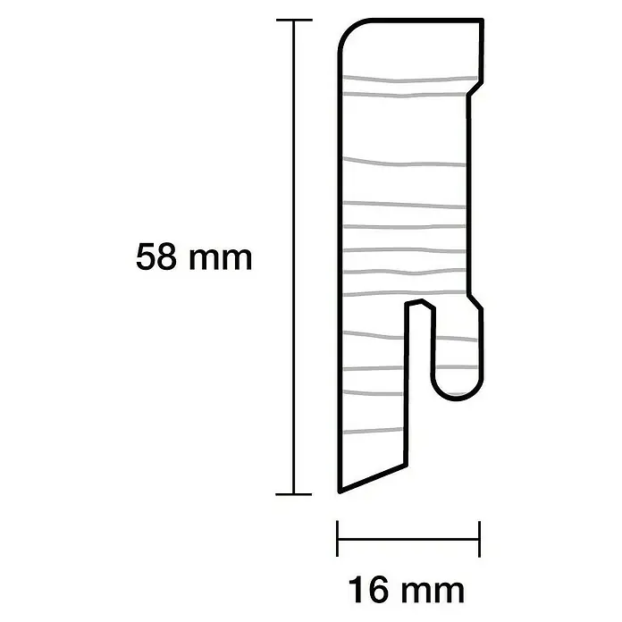 Profiles and more Sockelleiste - 240 x 1,6 x 5,8 cm, Eiche geölt - Abbildung eines 58 mm hohen und 16 mm breiten Möbelprofils zur Verwendung bei der Möbelherstellung oder -reparatur.