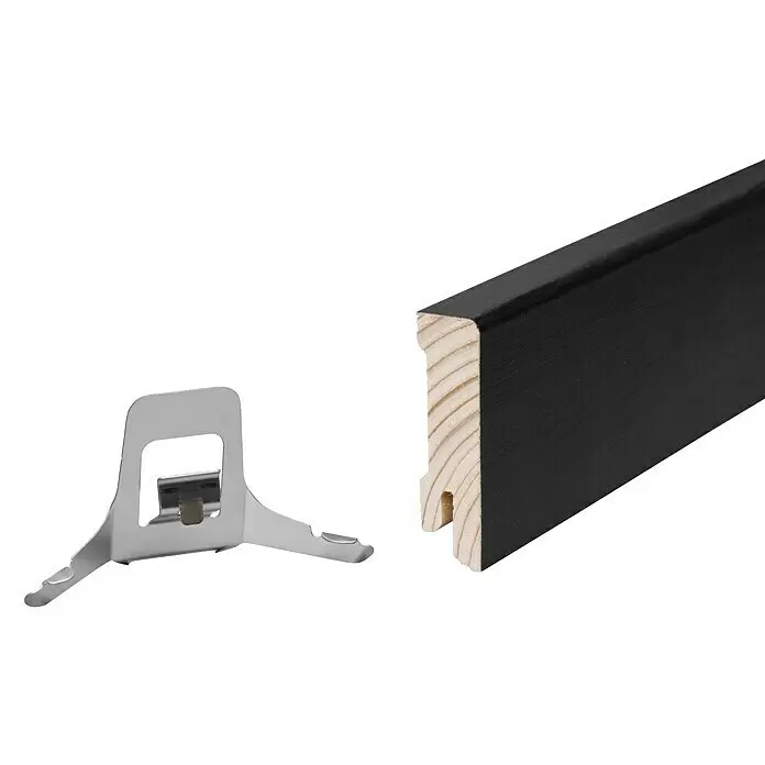 Sockelleiste - 240 x 1,6 x 5,8 cm, Räuchereiche dunkel gebeizt - Schwarze Holzleiste mit Montageprofil und silberner Metallklammer zur Befestigung.