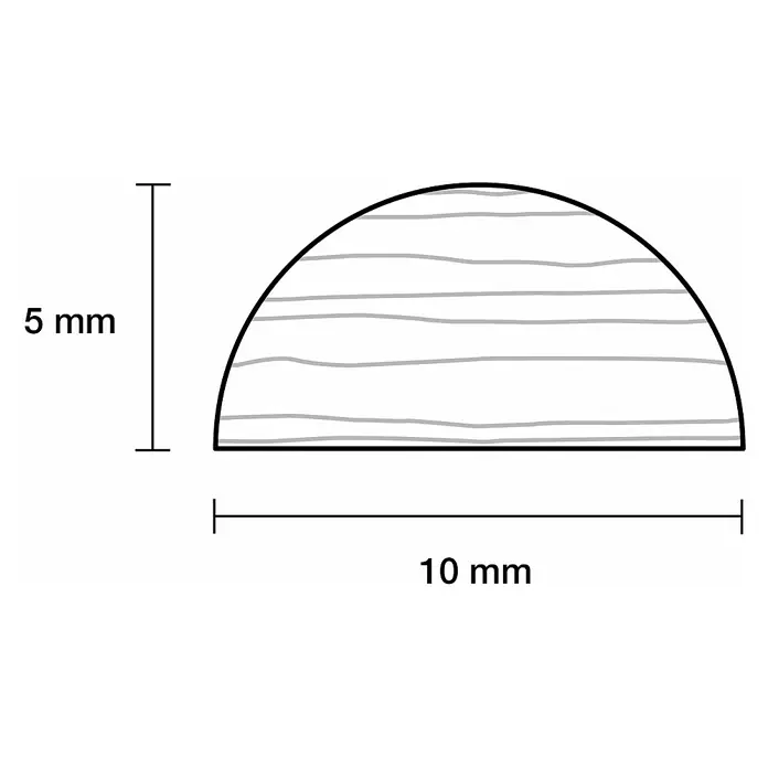 Halbrundstab - 90 cm x 10 mm x 5 mm, Kiefer - Halbkreisförmiges Holzstück mit Maserung, 10 mm breit und 5 mm hoch. Dient als dekoratives Element oder Materialprobe.