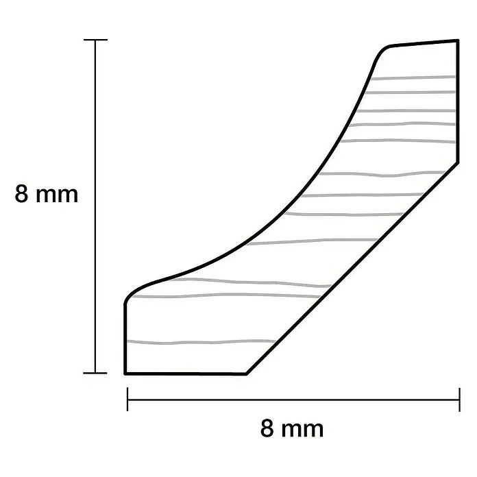 Hohlkehlleiste - 90 cm x 8 mm x 8 mm, Kiefer - Abbildung eines 8 mm x 8 mm großen Holzprofils mit geschwungener Kontur und Maserung. Ideal für Modellbau oder filigrane Holzarbeiten.