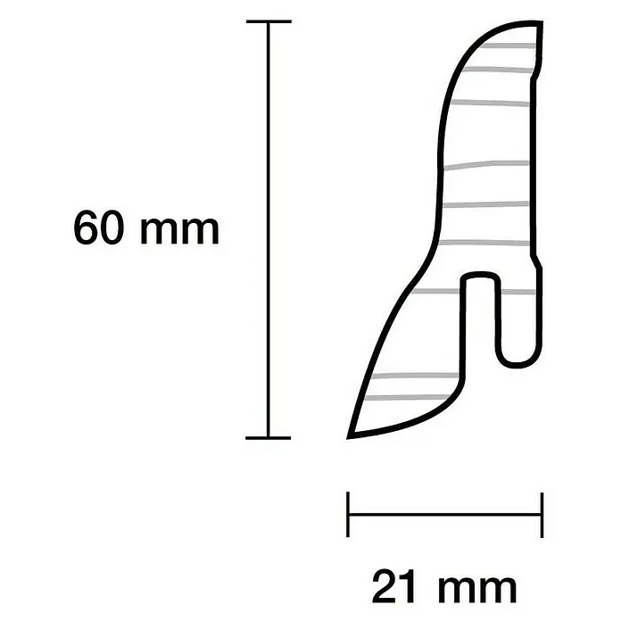 Sockelleiste Weiß - 240 x 2,2 x 6 cm, Fichte - Abbildung eines Profils mit den Maßen 60 mm Höhe und 21 mm Breite. Dient zur Illustration der Form und Größe des Produkts.