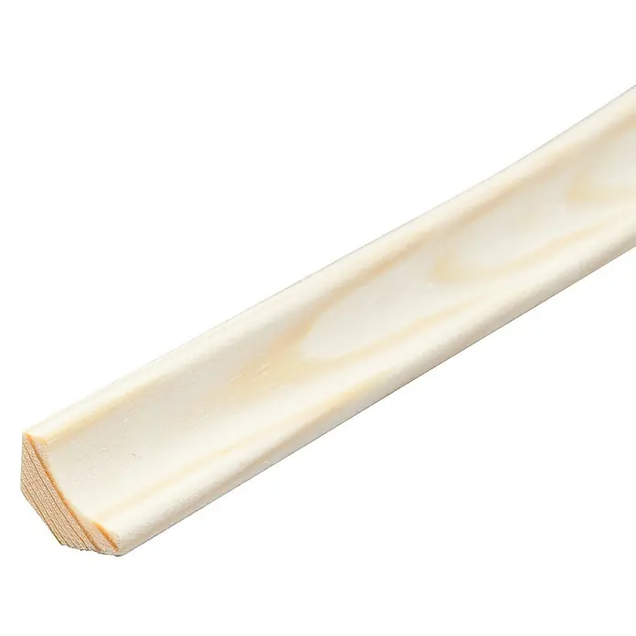 Hohlkehlleiste - 90 cm x 8 mm x 8 mm, Kiefer - Nahaufnahme einer unbehandelten Holzviertelstab-Leiste mit abgerundeter Kante auf schwarzem Hintergrund. Ideal für Innenausbauprojekte.