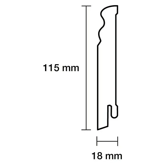 Sockelleiste - 244 x 1,8 x 11,5 cm, MDF, Beschichtet, Profiliert - Profilansicht einer Sockelleiste mit den Maßen 115 mm Höhe und 18 mm Tiefe.