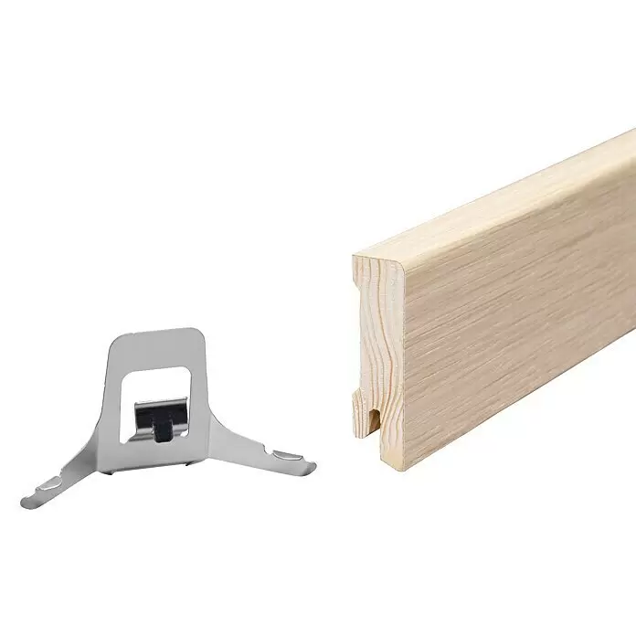Sockelleiste - 240 x 1,6 x 5,8 cm, Eiche Altweiß - Helle Holzleiste und Metall-Befestigungsclip. Für saubere Übergänge von Wand zu Boden.