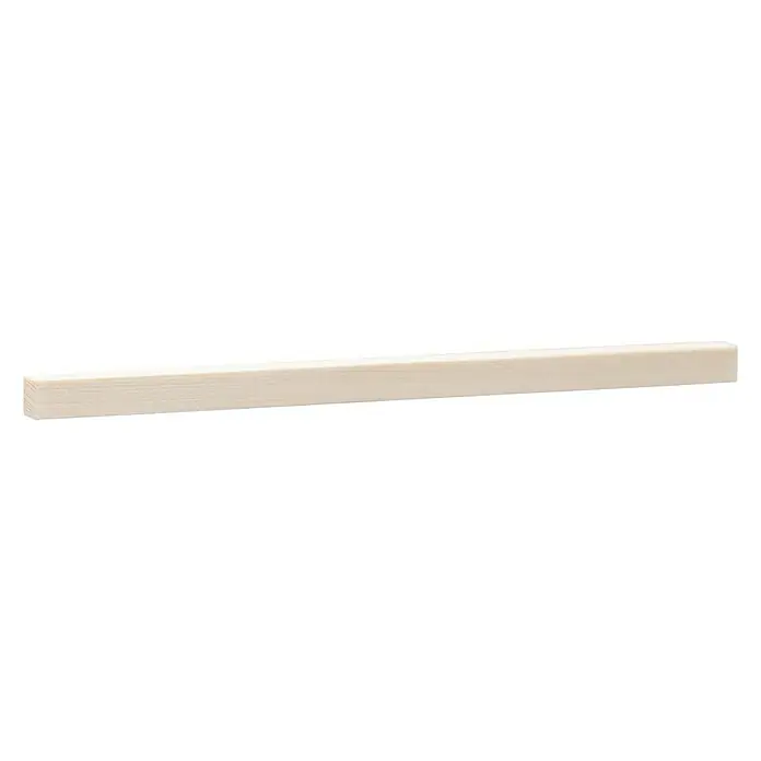 Quadratleiste - 90 cm x 13 mm x 13 mm, Kiefer - Holzleiste: Eine helle, rechteckige Holzleiste vor einem schwarzen Hintergrund, ideal für Bauprojekte oder als Detail für Bastelarbeiten.