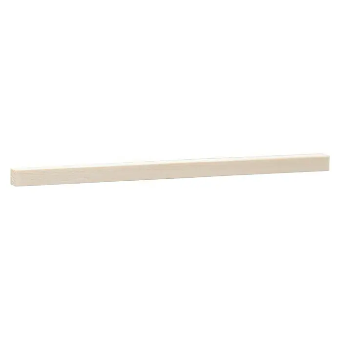 Quadratleiste - 90 cm x 10 mm x 10 mm, Kiefer - Helle, rechteckige Holzleiste mit sichtbarer Maserung vor schwarzem Hintergrund.