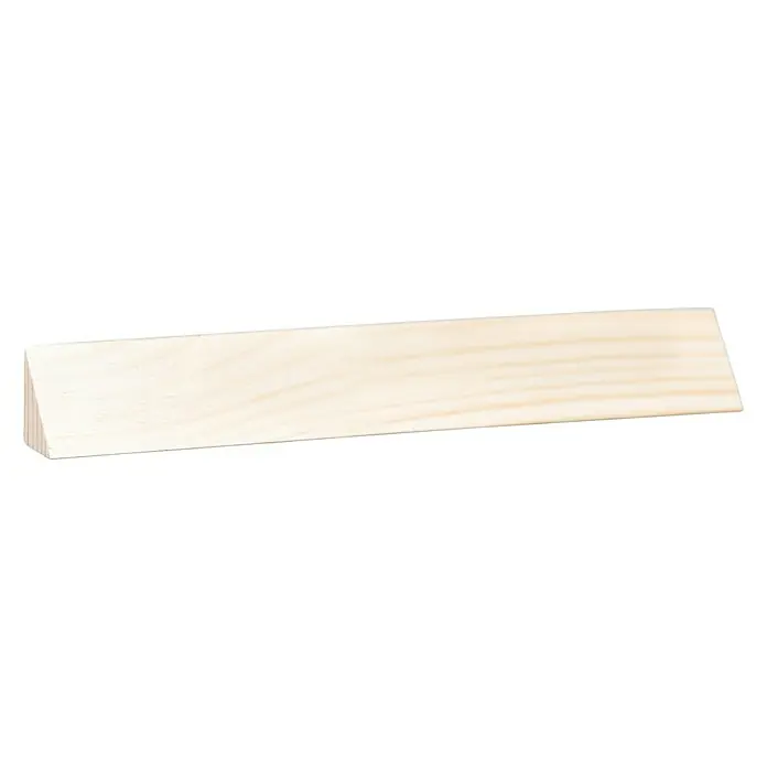 Dreikantleiste - L x B x H: 90 cm x 28 mm x 28 mm, Kiefer - Ein helles Holzstück mit abgeschrägten Enden, perfekt für Bastelprojekte oder als dekoratives Element im Innenbereich. Natürliche Holzmaserung sichtbar.
