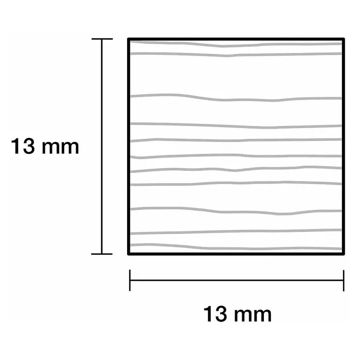 Quadratleiste - 100 cm x 13 mm x 13 mm, Buche - Illustration eines quadratischen Holzstücks mit den Maßen 13 x 13 mm und einer sichtbaren Holzmaserung.