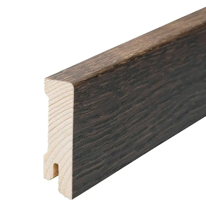 Sockelleiste - 240 x 1,6 x 5,8 cm, Räuchereiche Braun - Holzleiste mit dunkler Oberfläche und Nut-Feder-Profil für Wand- oder Bodenverkleidung.
