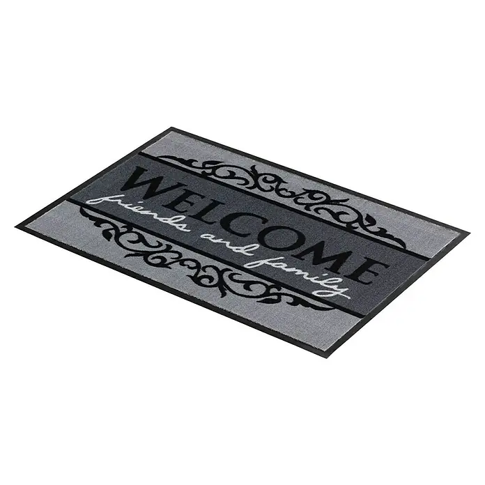 Astra Homelike Fußmatte Welcome friends and family - Schwarz/Grau, 40 x 60 cm, 100 % Polyamid - Graue Fußmatte mit der Aufschrift "Welcome friends and family" und einem dekorativen Rahmen.