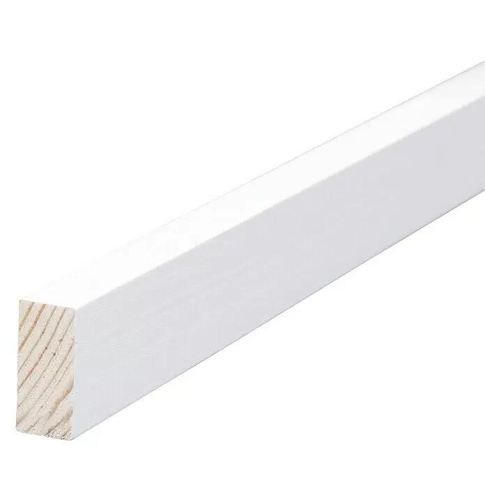 Rechteckleiste - 90 cm x 10 mm x 20 mm, Kiefer - Weißer rechteckiger Holzbalken mit sichtbarer Endmaserung.