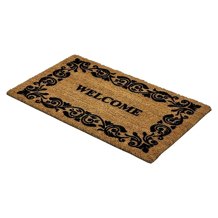 Astra Coco Fußmatte Design - 45 x 75 cm, Kokosbraun/Schwarz, Material Nutzschicht: 100 % Kokos, Welcome, Kokos - Eine Fußmatte mit der Aufschrift "Willkommen" und einem dekorativen, schwarzen Rand auf beigem Untergrund.